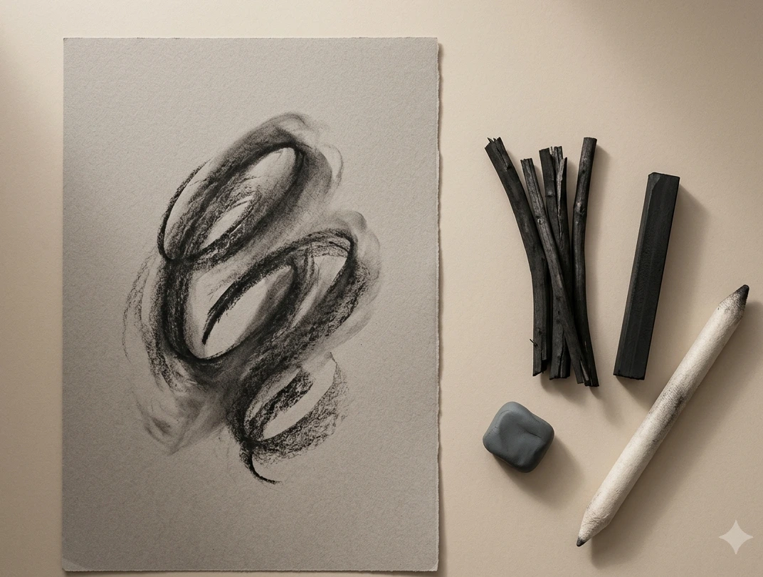 Barras de carboncillo y papel para dibujo