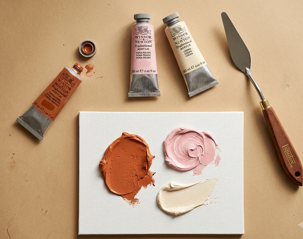 Tubos de pintura acrílica y lienzo pequeño
