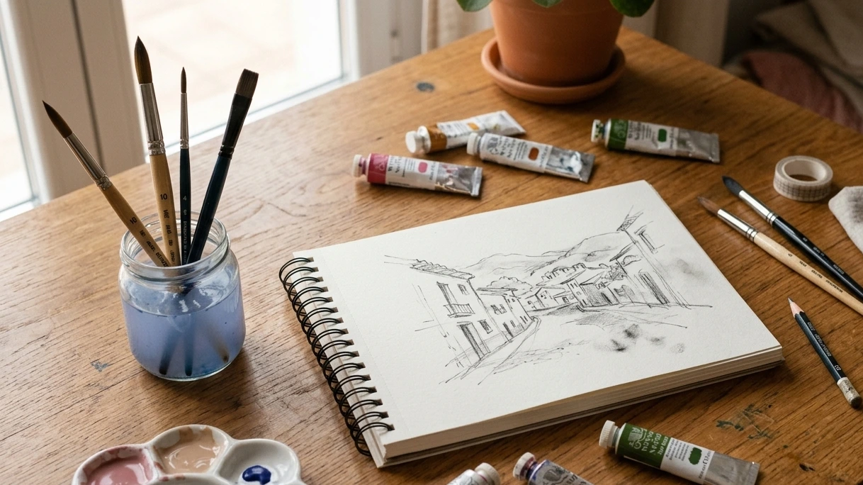 Cuaderno de bocetos, pinceles y pinturas sobre una mesa con luz cálida